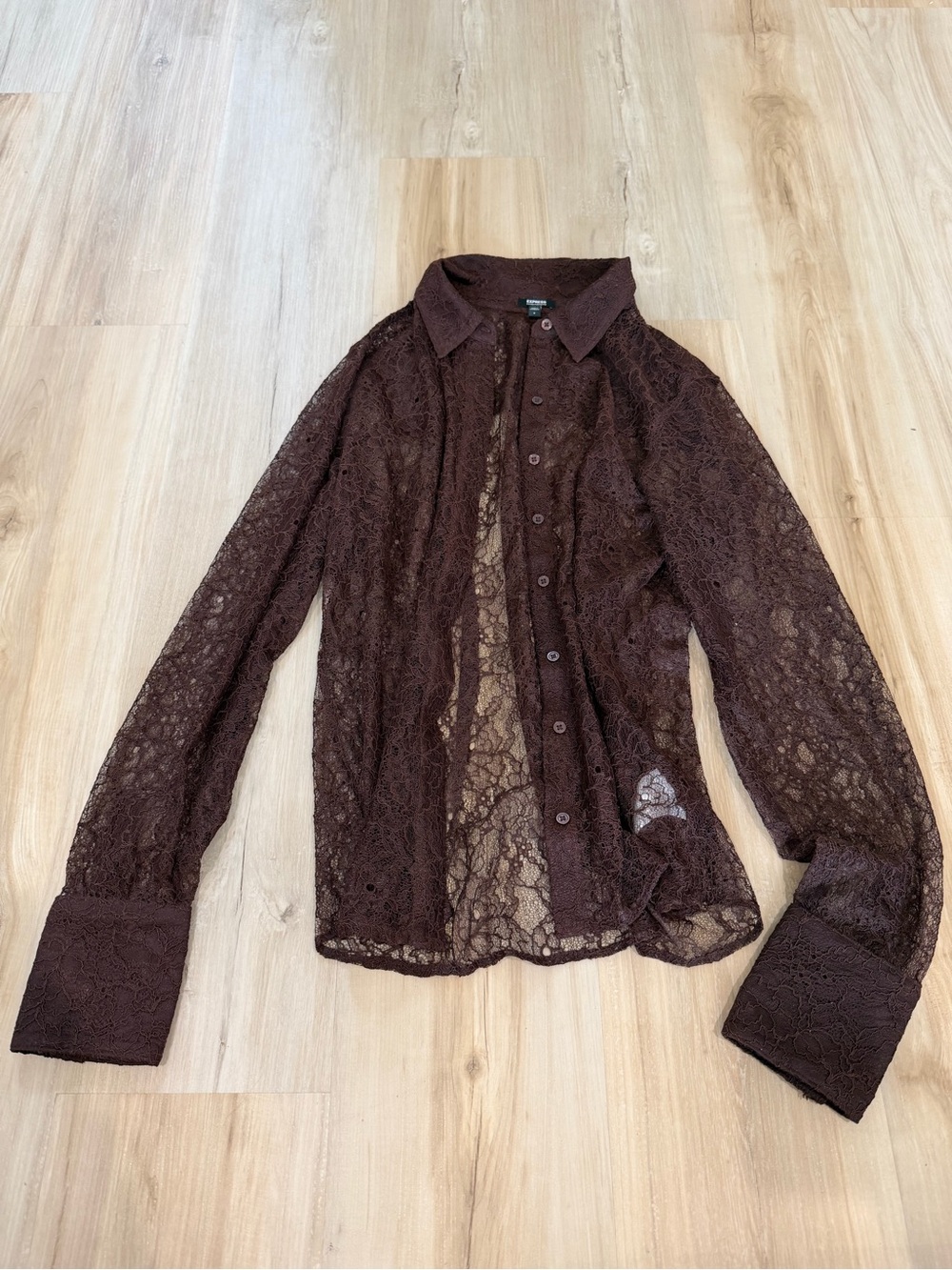 Sheer Lace Button-Up Shirt - Brown